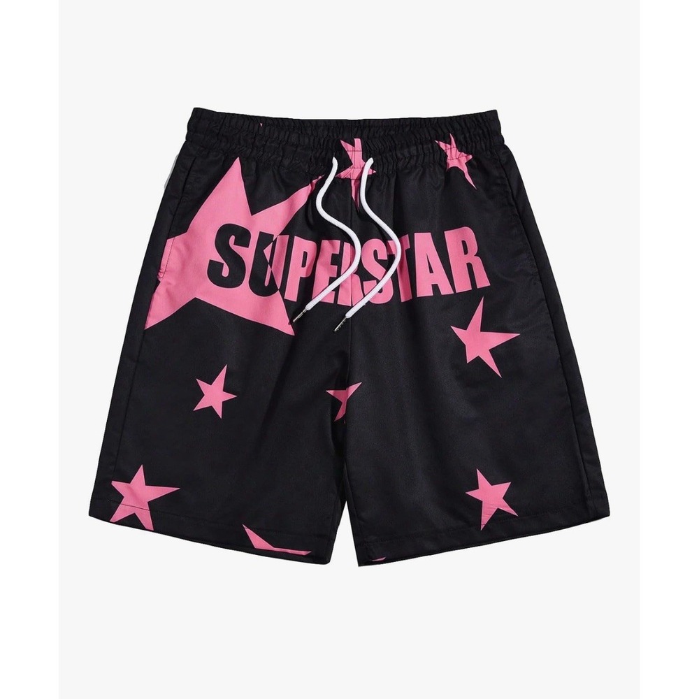 Cozyease Mens Superstar Star Print Graphic‎ Track Shorts Black Pink Medium